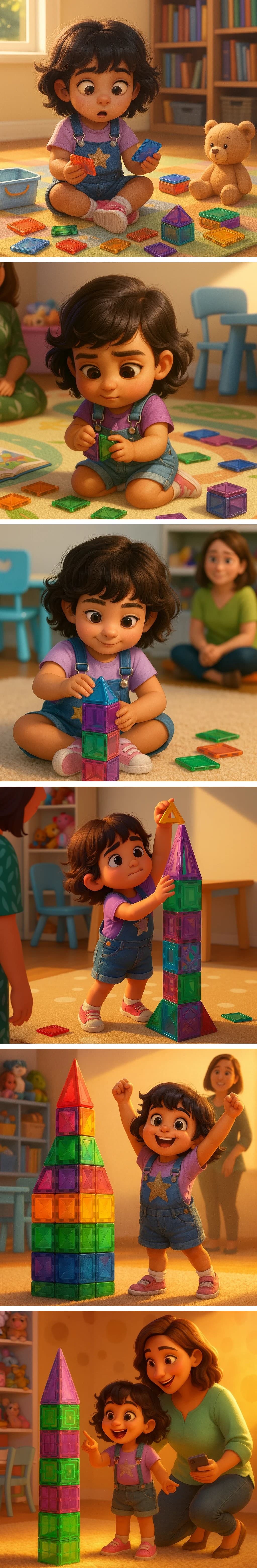 Example storyboard showing a child building their first magnet tile tower