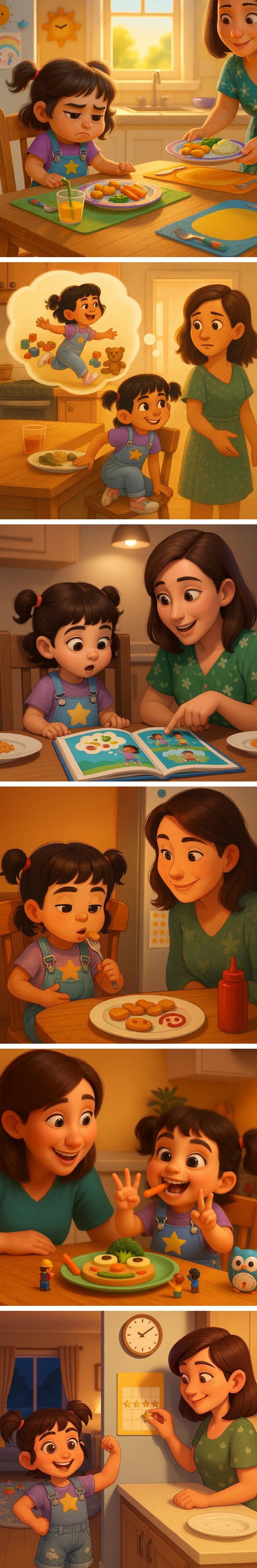 Example storyboard showing a child learning to eat vegetables